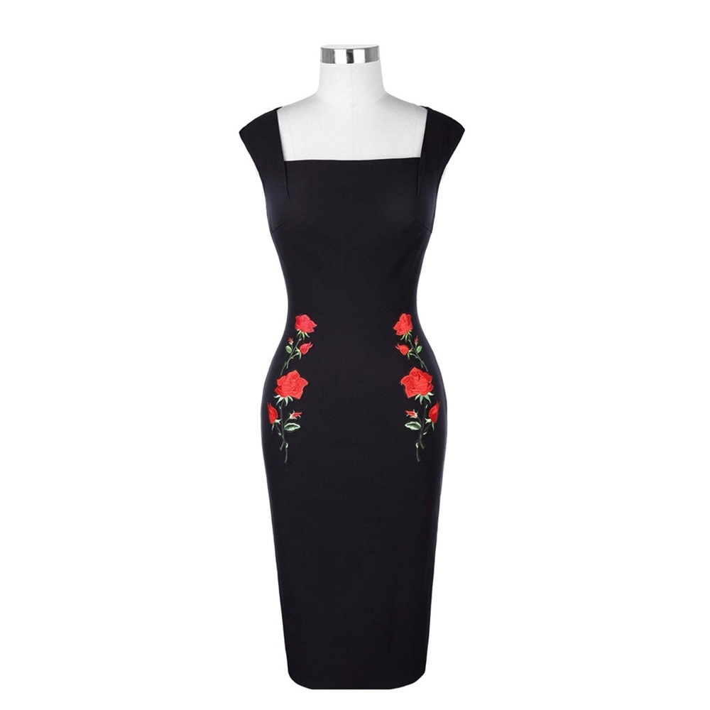 Retro black wiggle dress with embroidered roses